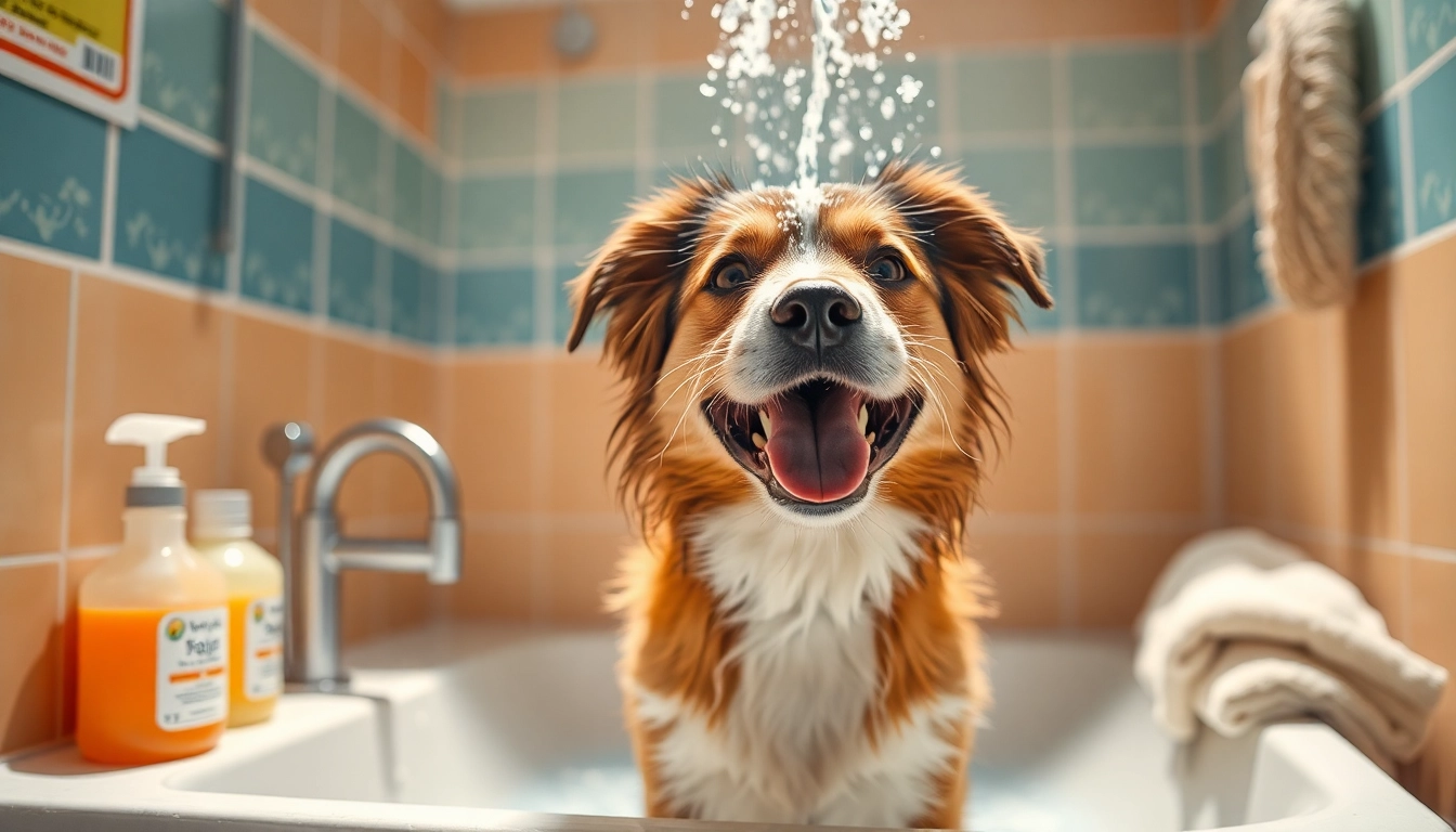 Interactive dog wash near me experience with a happy dog enjoying a bath in a bright wash station.