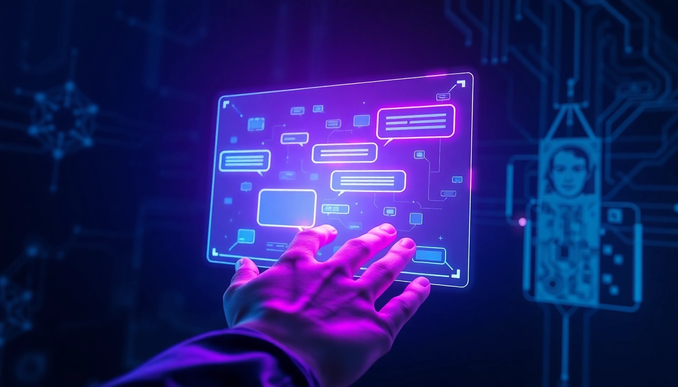 An advanced AI chat interface with holographic displays in a dark, tech-inspired setting.