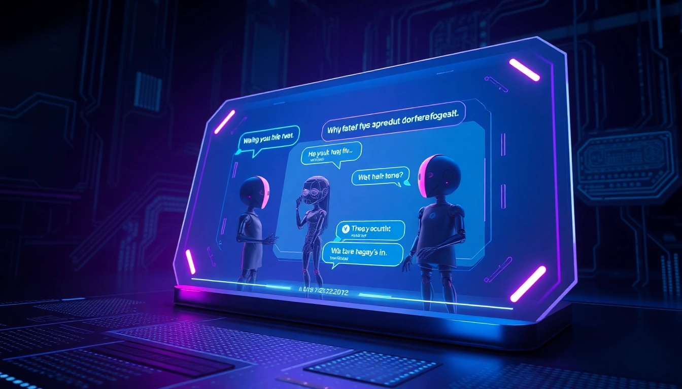 Futuristic digital art of AI chat interface with animated characters in a dark, neon-lit environment.