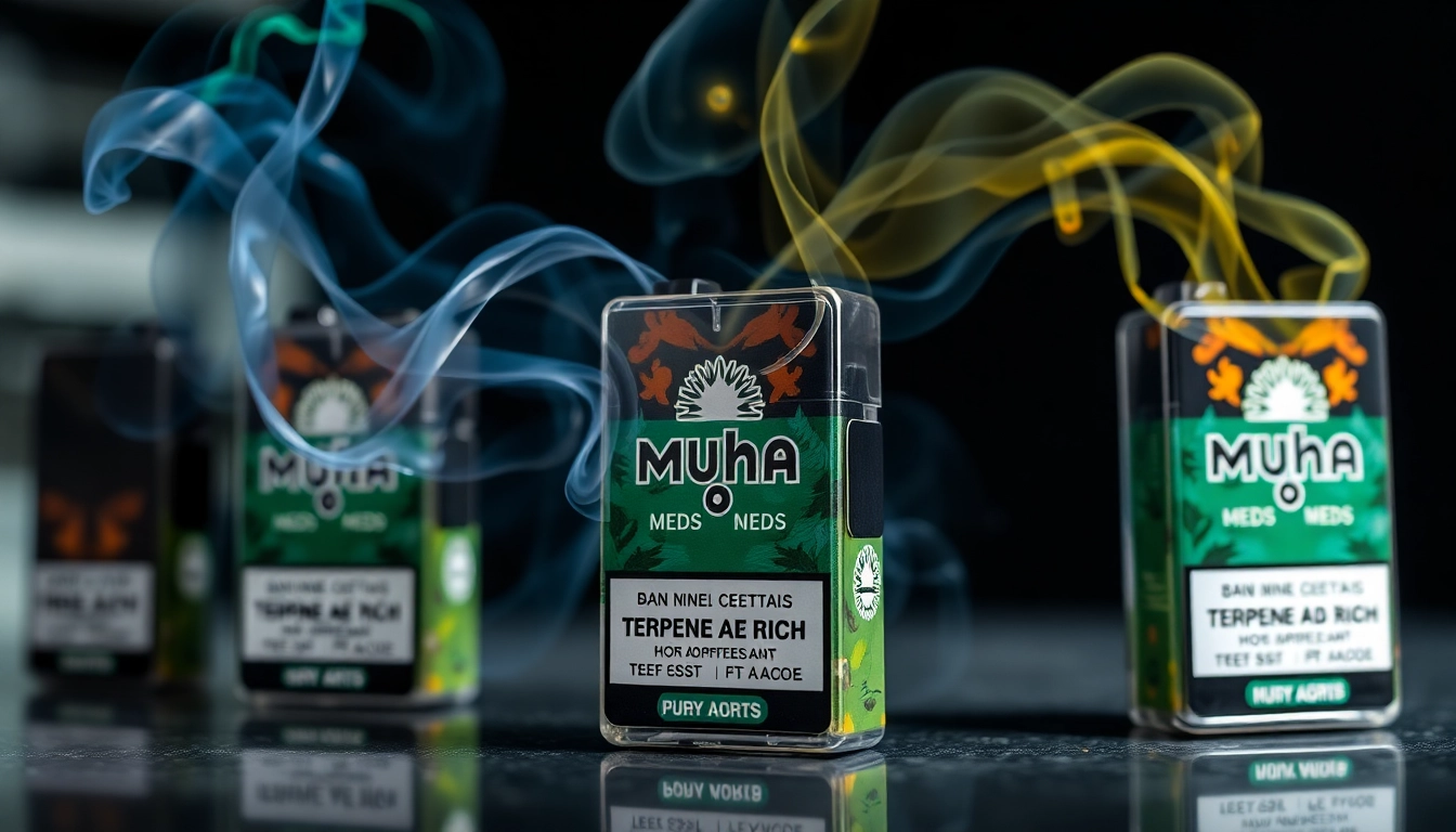 High-quality Muha Meds carts showcased with rich colors and clear branding, emphasizing authenticity and premium quality for vaping enthusiasts.