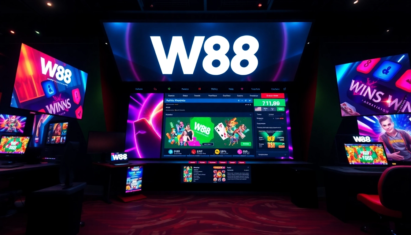 Leather gaming chair with W88 logo, surrounded by casino chips and digital screens, highlighting the W88 online betting platform in action, emphasizing engagement and premium user experience.