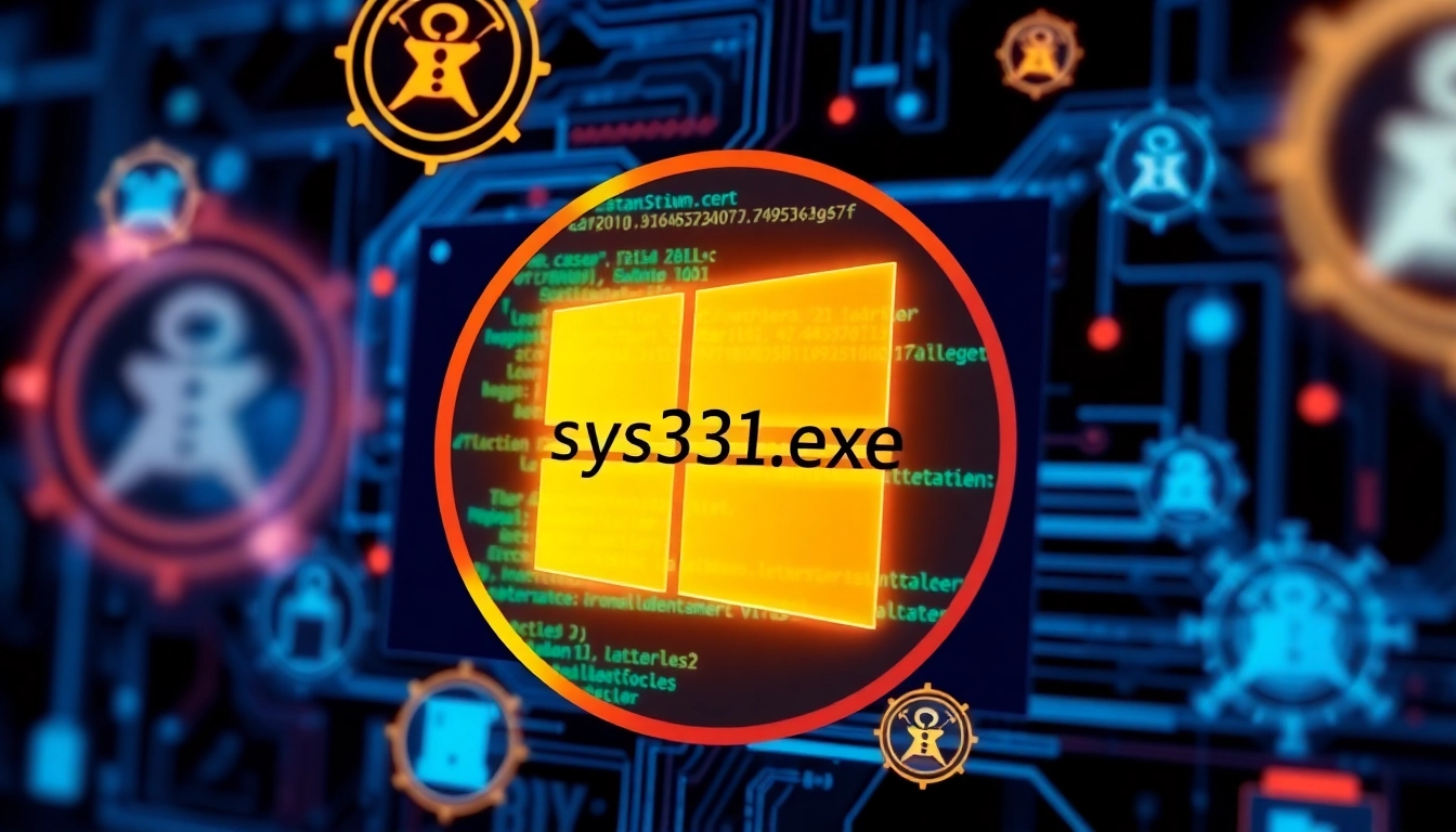 Iconic cybersecurity scene highlighting https://sys32win.com/ with sys32win.exe file amidst digital threats, illustrating malware detection and spyware risks for Windows users.