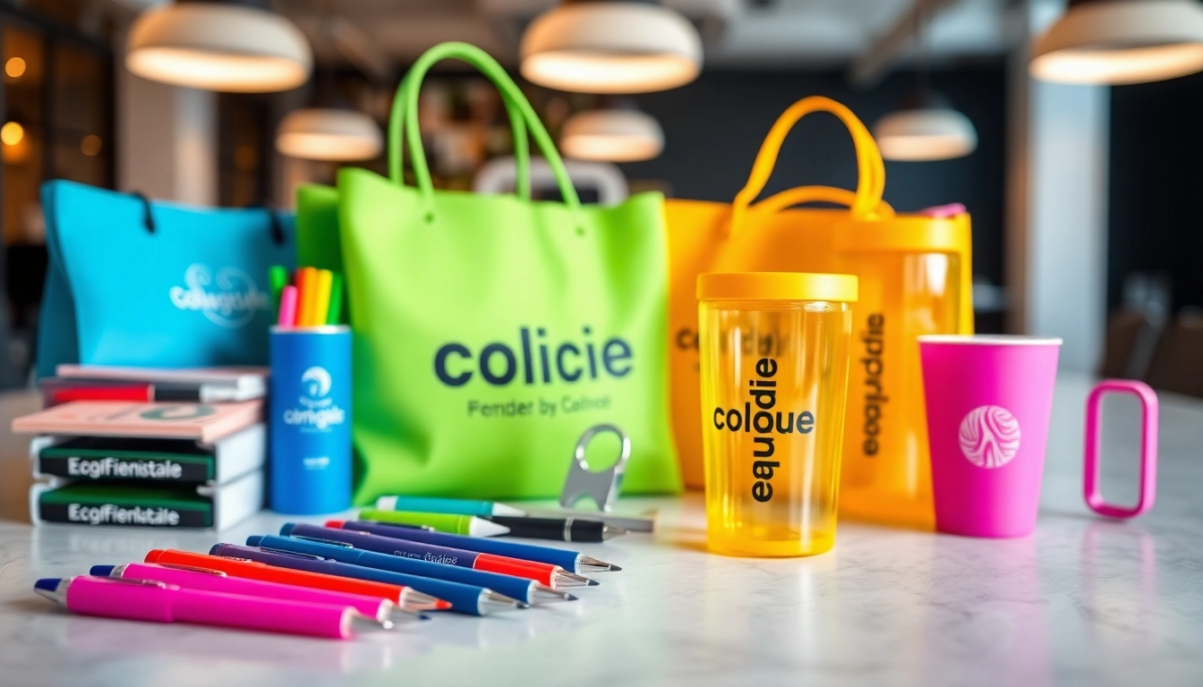 Showcase of promotional products in Louisville like branded pens, eco-friendly bags, and drinkware on a modern workspace, highlighting variety and quality.