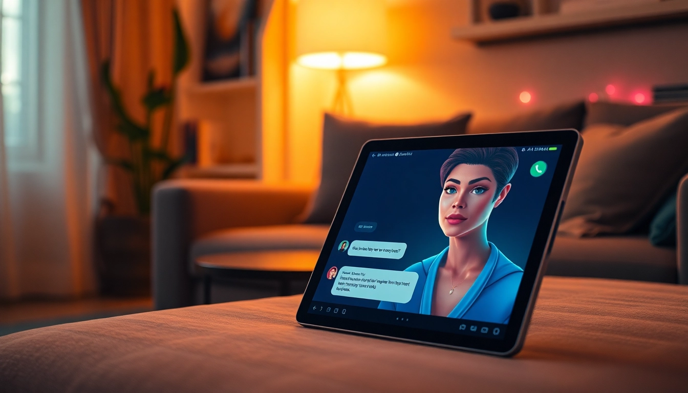 A cozy room with a futuristic AI chat interface and an alluring digital character.