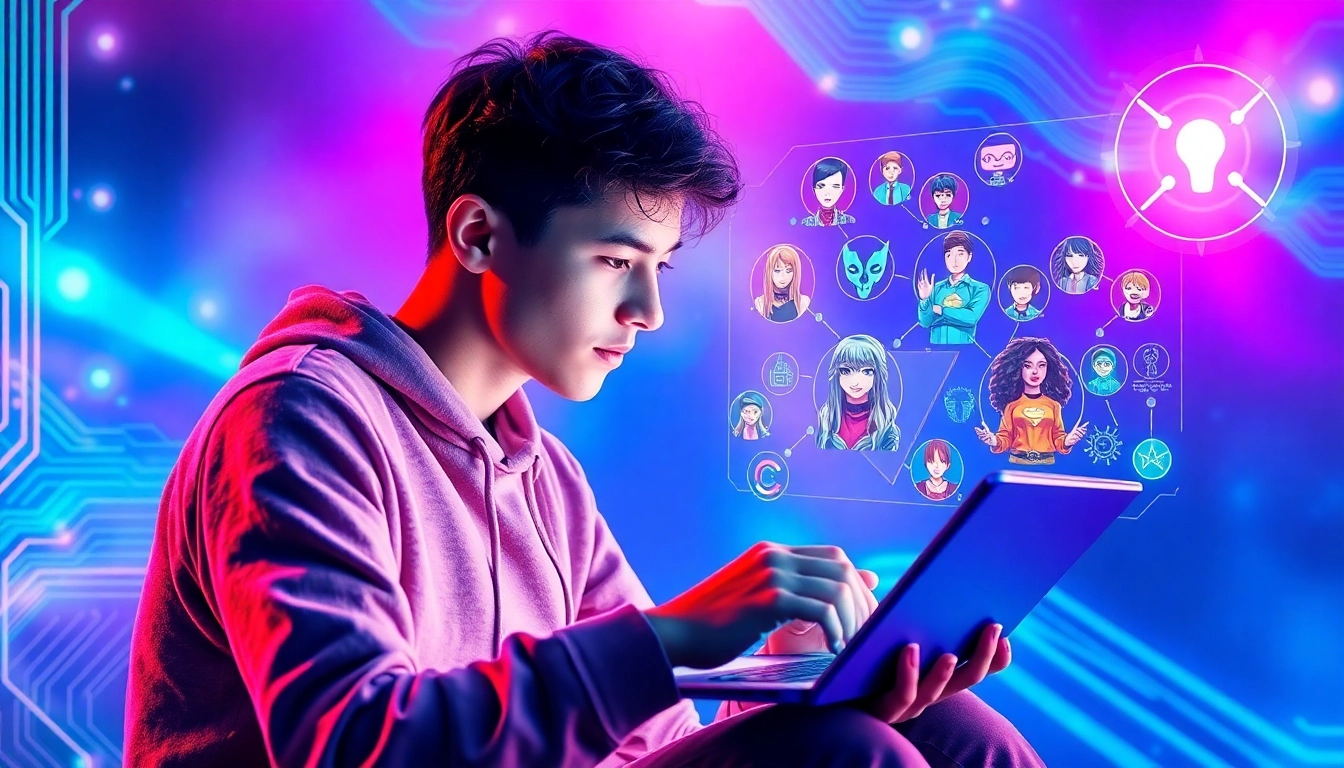 A user engaging with a holographic interface filled with avatars and AI characters from popular fandoms, in a vibrant, neon-lit digital environment.