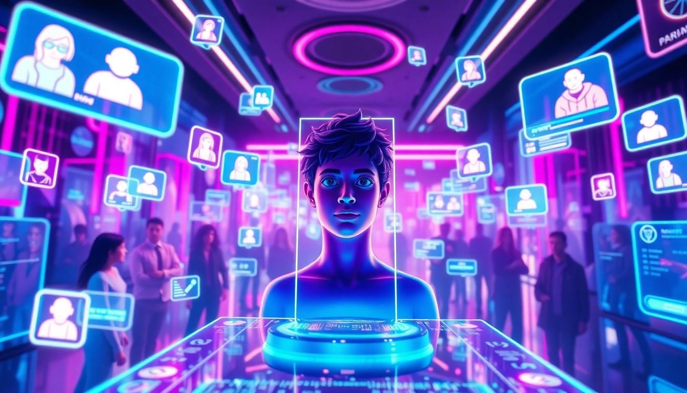 A futuristic digital scene showing virtual characters and holographic interfaces representing a social media AI environment.