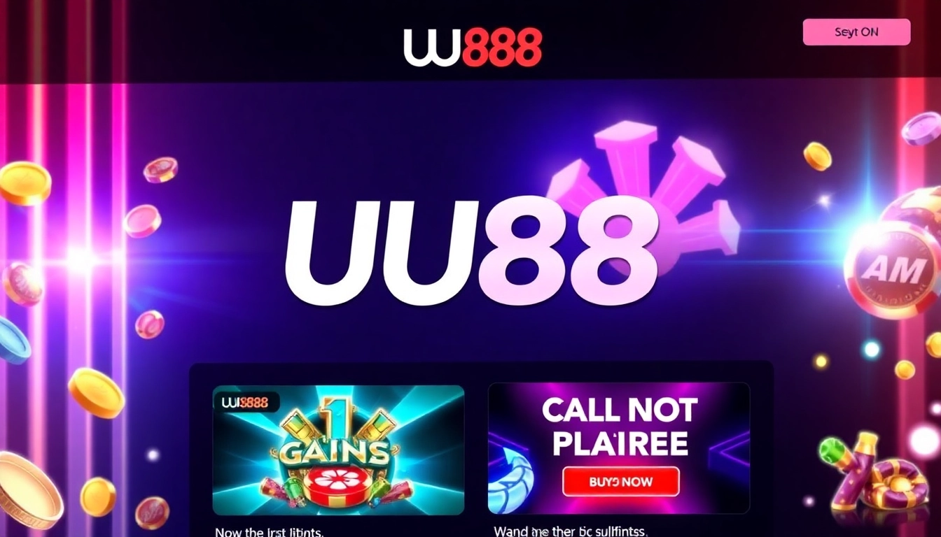 Engaging visual of online casino featuring the UU88 logo, vibrant graphics, and exciting gaming environment to attract users.