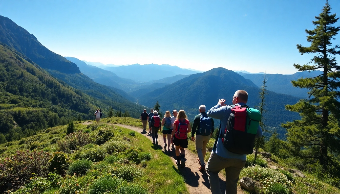 A guided hike through lush mountain scenery with a knowledgeable guide leading a group along a trail.