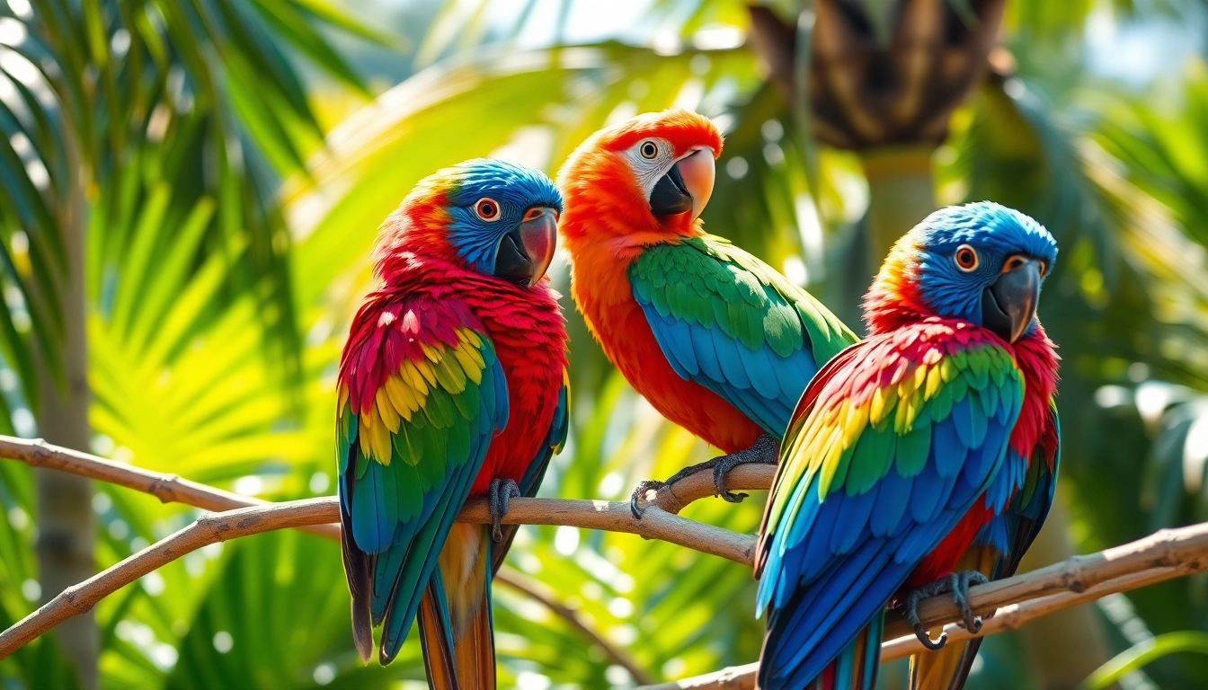 Vivid parrots flying through a tropical rainforest, showcasing their vibrant feathers and dynamic motion, capturing their natural beauty and intelligence.