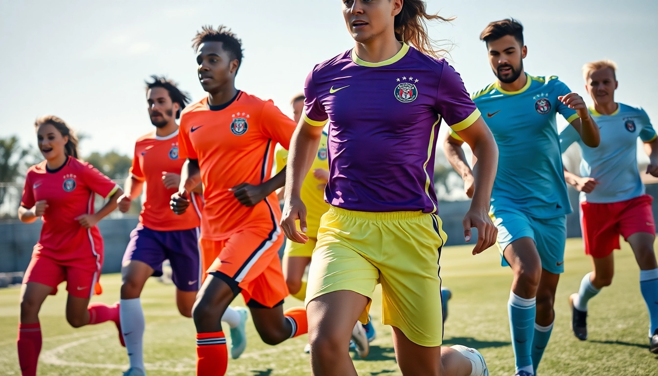Action shot of soccer players wearing high-quality soccer uniforms in a match setting to showcase performance and style.