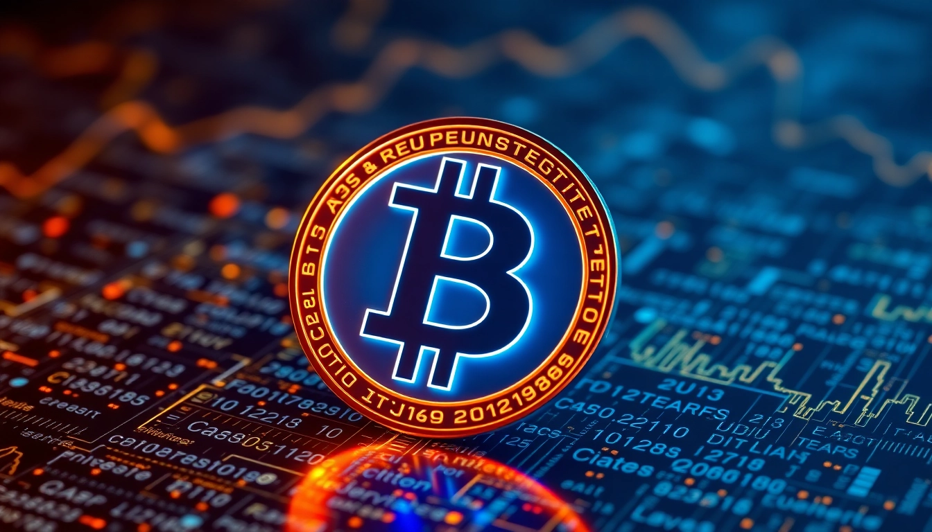 Bitcoin logo glowing over blockchain codes symbolizing secure digital currency transactions