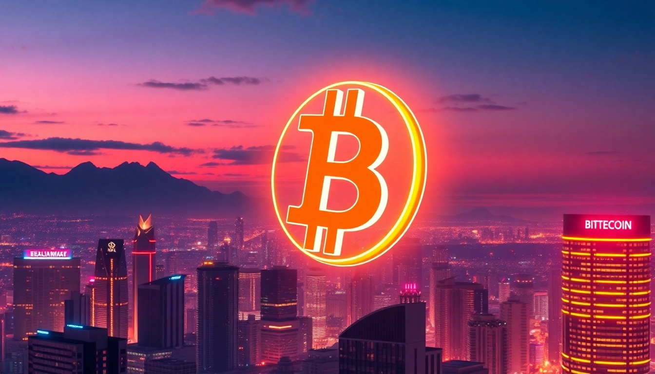 Bright bitcoin symbol glowing over a high-tech cityscape representing digital currency and