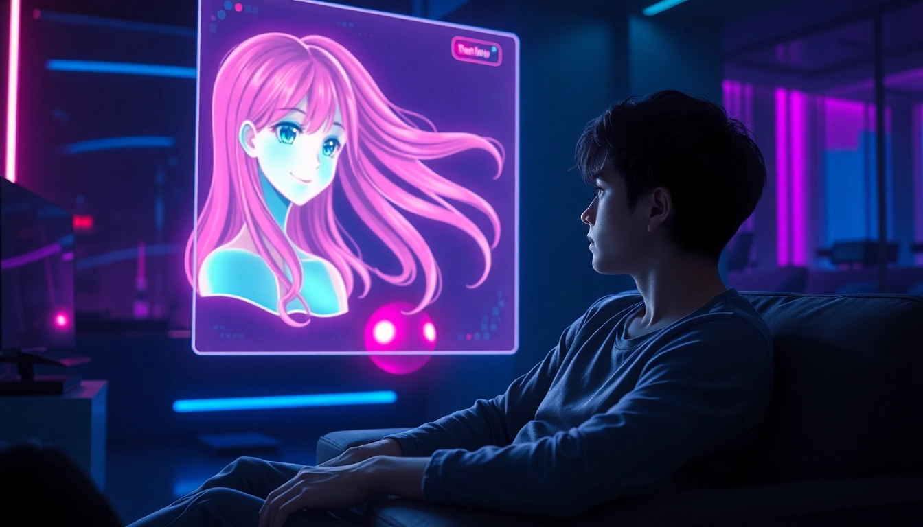 Futuristic scene of a young man interacting with a holographic AI girlfriend in a modern, neon-lit room.