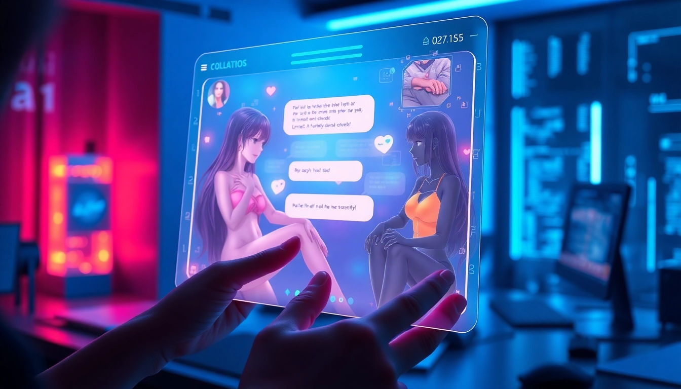 Futuristic AI chat interface showcasing anime and realistic characters in a high-tech setting.