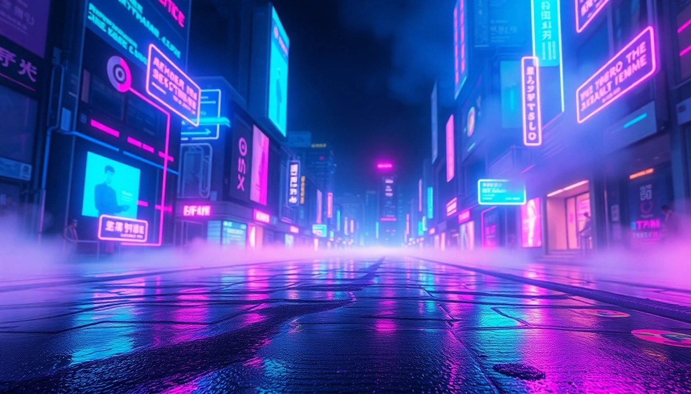 An abstract, neon-lit futuristic cityscape with a floating chatbot interface at night, glowing holograms, and reflective surfaces.