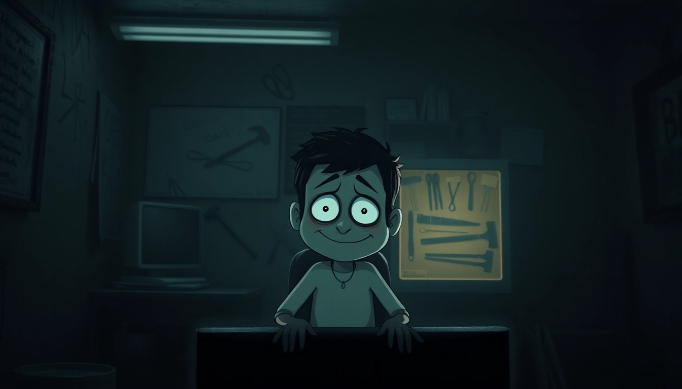 A distressed person playing a dark, unsettling game with Harvey, a cheerful character, showing pain and suffering.