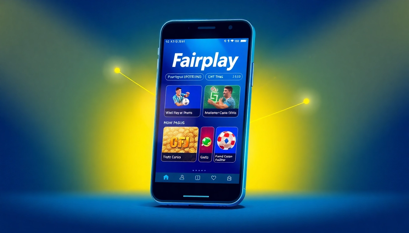 Fairplay online betting platform logo displayed on a mobile device with sports and casino imagery, emphasizing reliability and user engagement for Indian players.