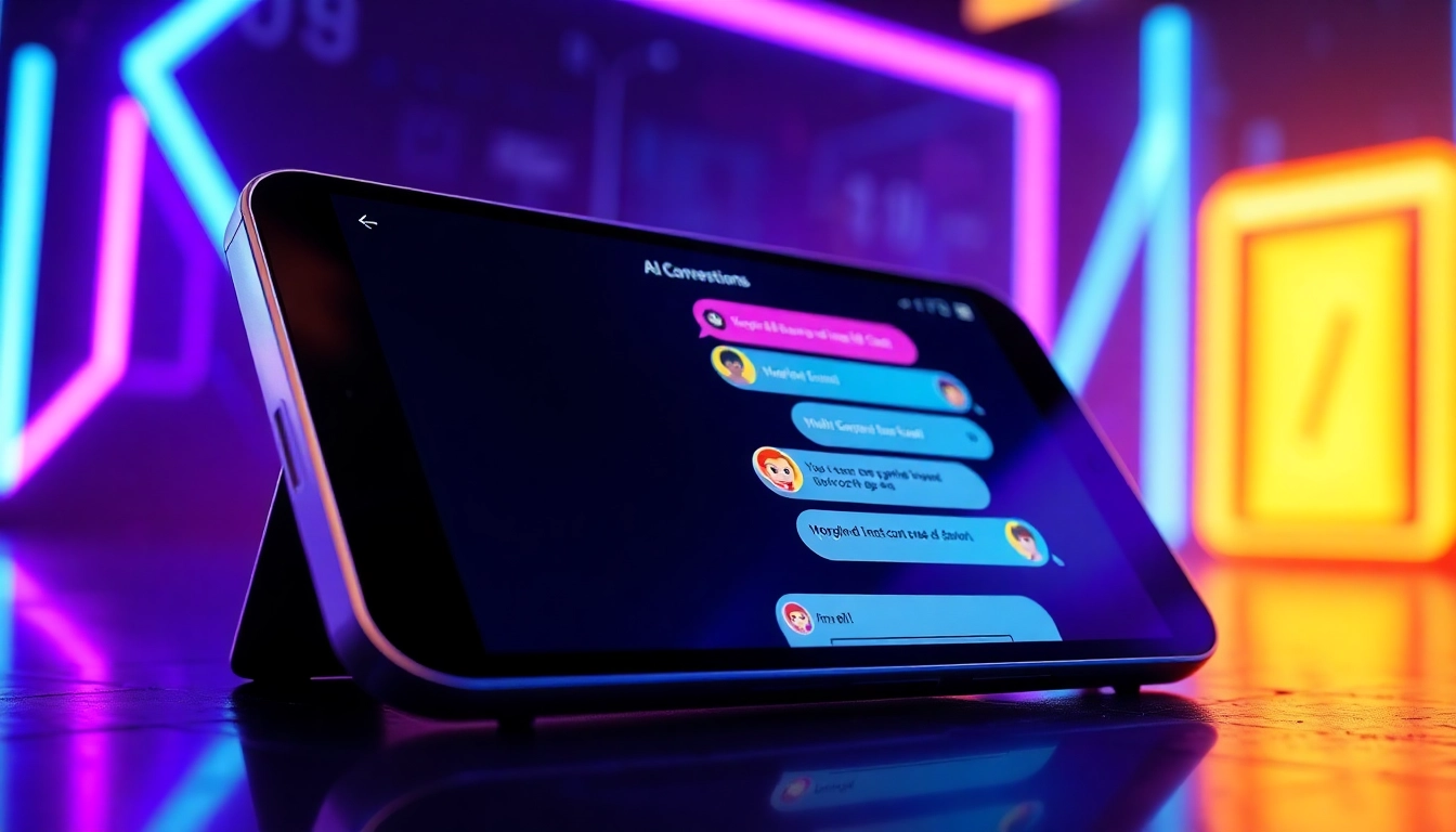 Futuristic chat interface on a modern device with neon accents and animated AI character icons.