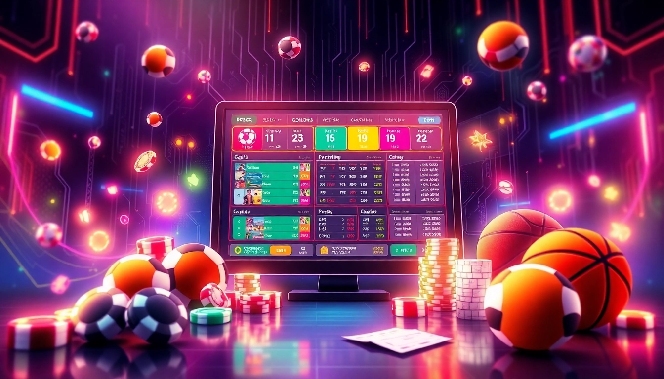 Digital illustration of an exciting online sportsbook and casino platform with vibrant colors and dynamic elements.