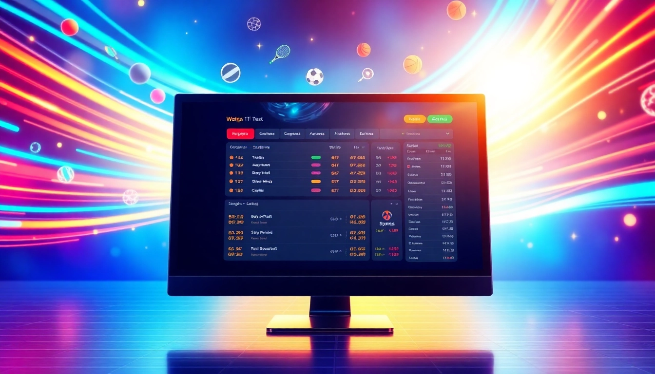 An illustration of an online sportsbook platform interface with vibrant neon colors and sports symbols, conveying excitement and modern technology.