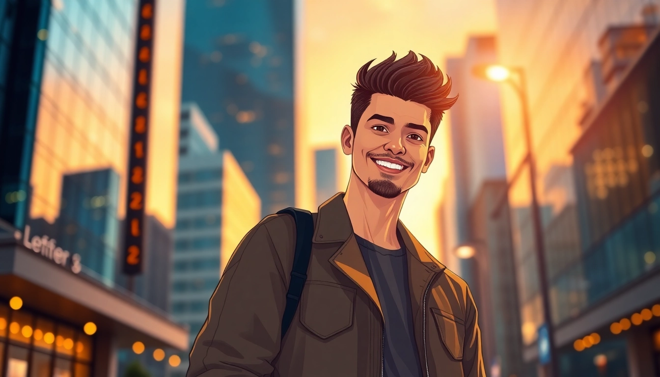 A stylish young man smiling confidently in an urban setting at sunset.