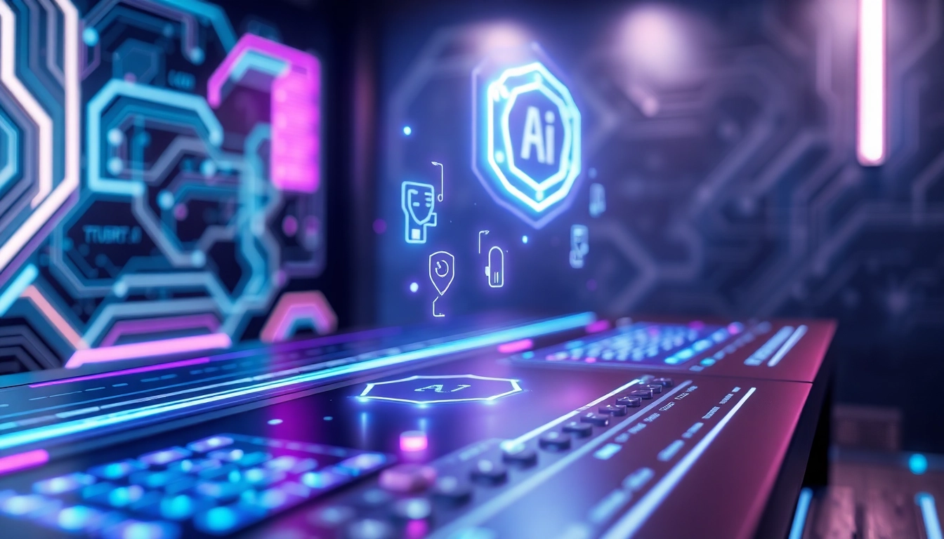An illustration of a futuristic AI interface with holographic controls and neon lighting, symbolizing advanced technology and digital interaction.