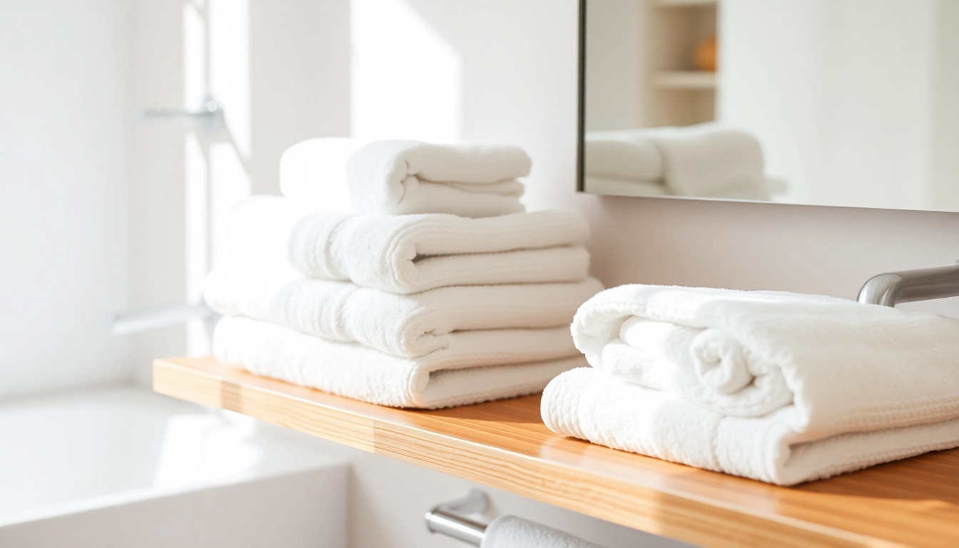 Professional Hotel Towel supplier showcasing premium white towels arranged in a luxury hotel bathroom setting for guest comfort and quality assurance.