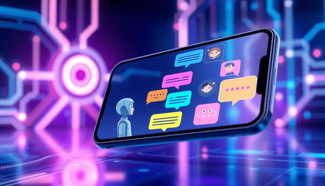 Futuristic chat interface with multiple AI characters engaging in conversation on a sleek digital screen.