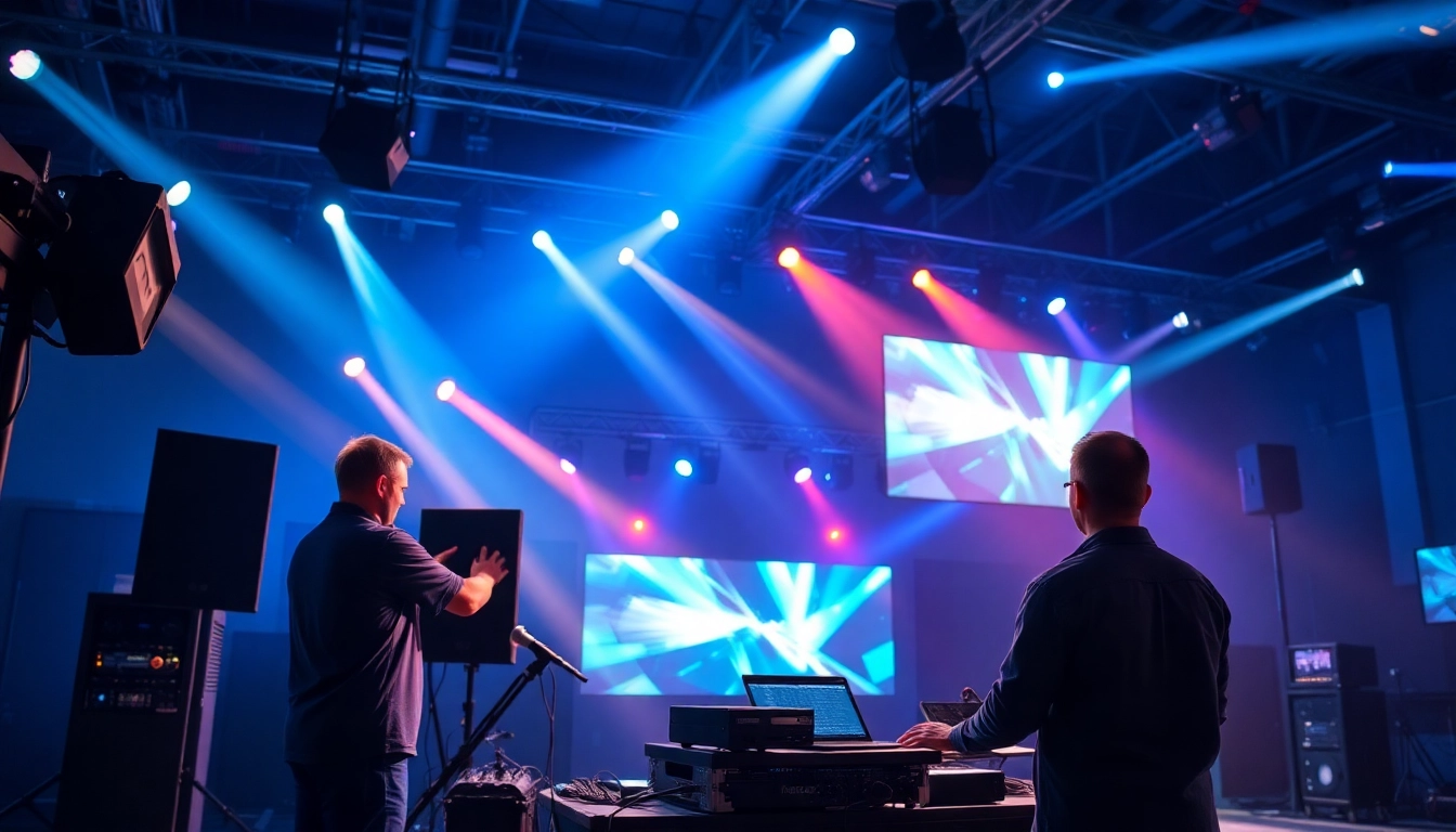 Eventtechnik Köln: Technicians setting up immersive audio and lighting systems for a seamless event experience in Cologne's premier venues, ensuring flawless execution.
