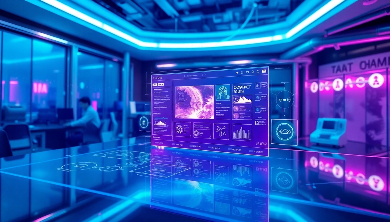 Futuristic AI workspace with holographic image editing interface in neon colors