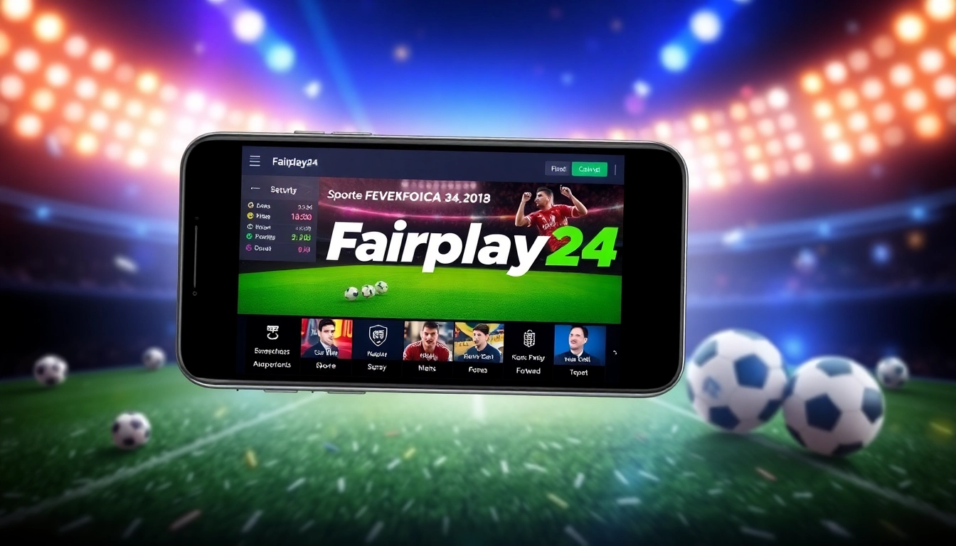 Fairplay24 online sports betting platform with secure interface and vibrant mobile app visuals