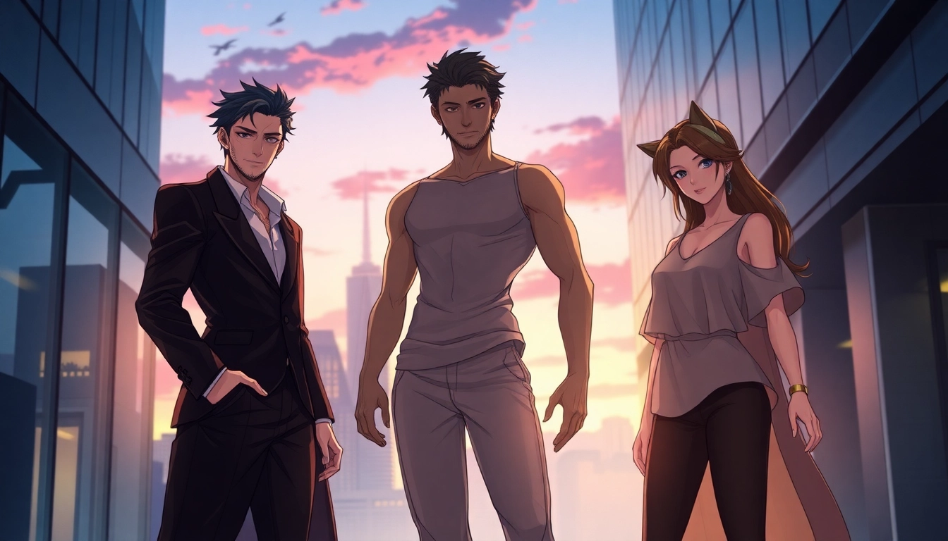 An artistic depiction of alpha, beta, and omega characters in a futuristic cityscape, highlighting hierarchy and societal roles within the Omegaverse.