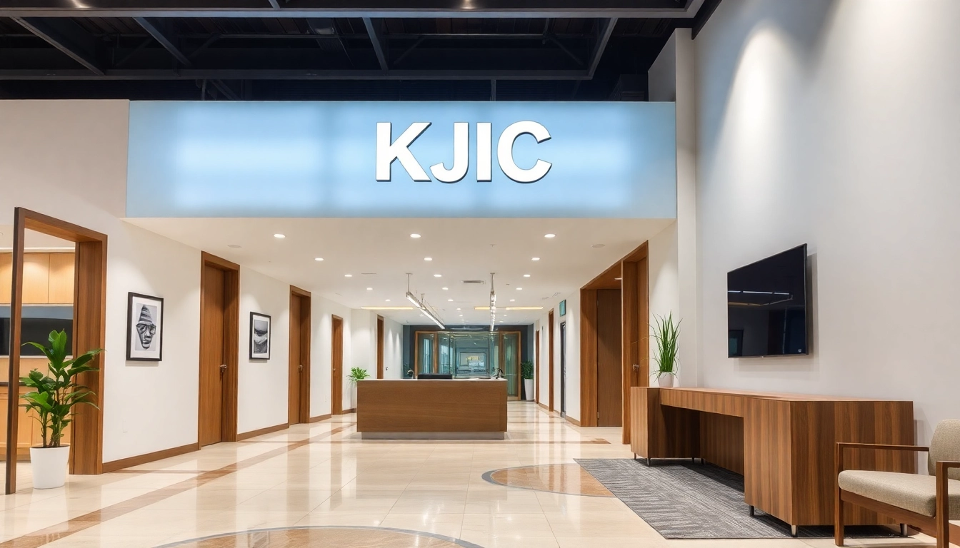 Professional legal team meeting at KJC with documentation and digital devices for legal services
