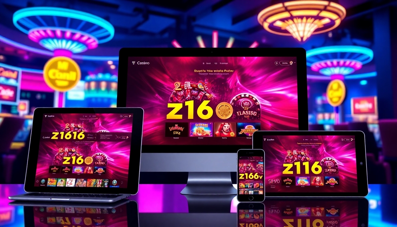Z16VIP online casino platform highlighted on mobile and desktop, emphasizing security, variety, and user engagement in a sleek, vibrant design.