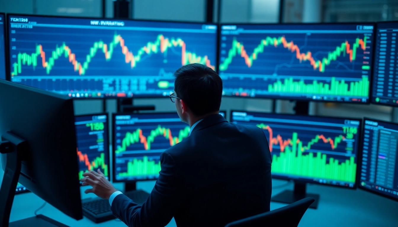 Financial analyst analyzing stock market trends and Trading Investment News on digital screens