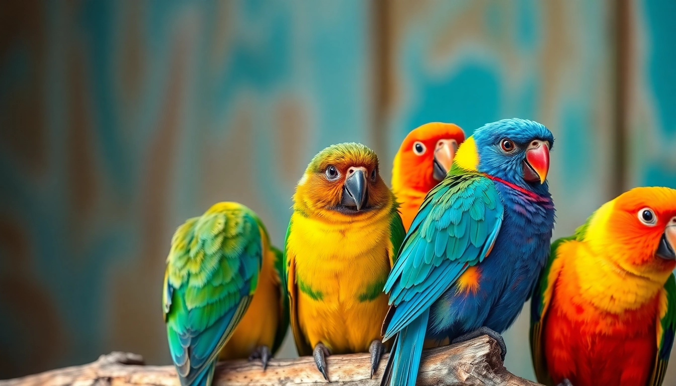 Vivid pet birds perched on a branch demonstrating their colorful plumage and playful behavior