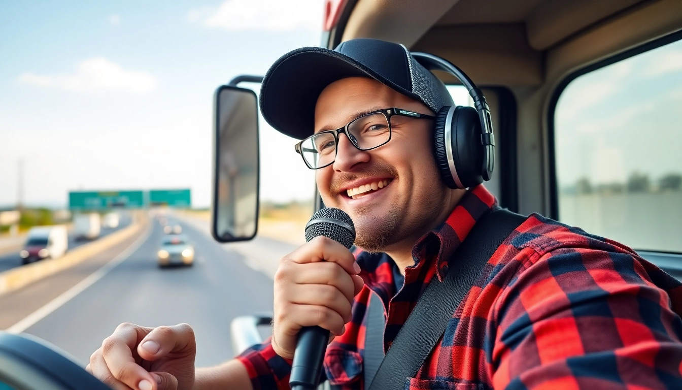 Truckers voice branding with a professional driver speaking into microphone during busy highway
