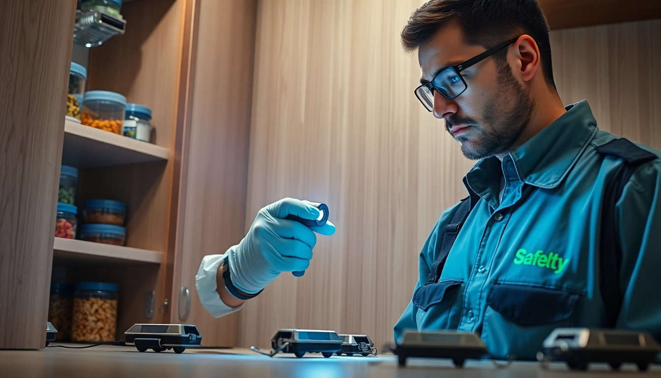A pest control technician inspecting a kitchen pantry with UV light, demonstrating professional mouse control measures.