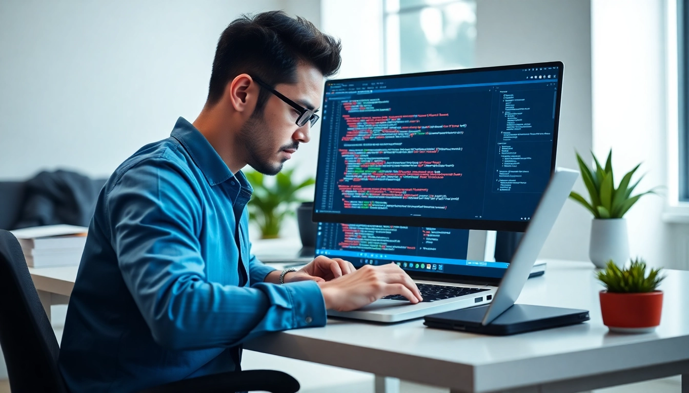 Professional developer coding with Next.js on a laptop in a bright, modern workspace to