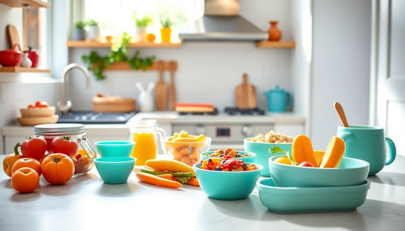 Showcasing a colorful display of alimenti sani per bambini with silicone tableware for healthy