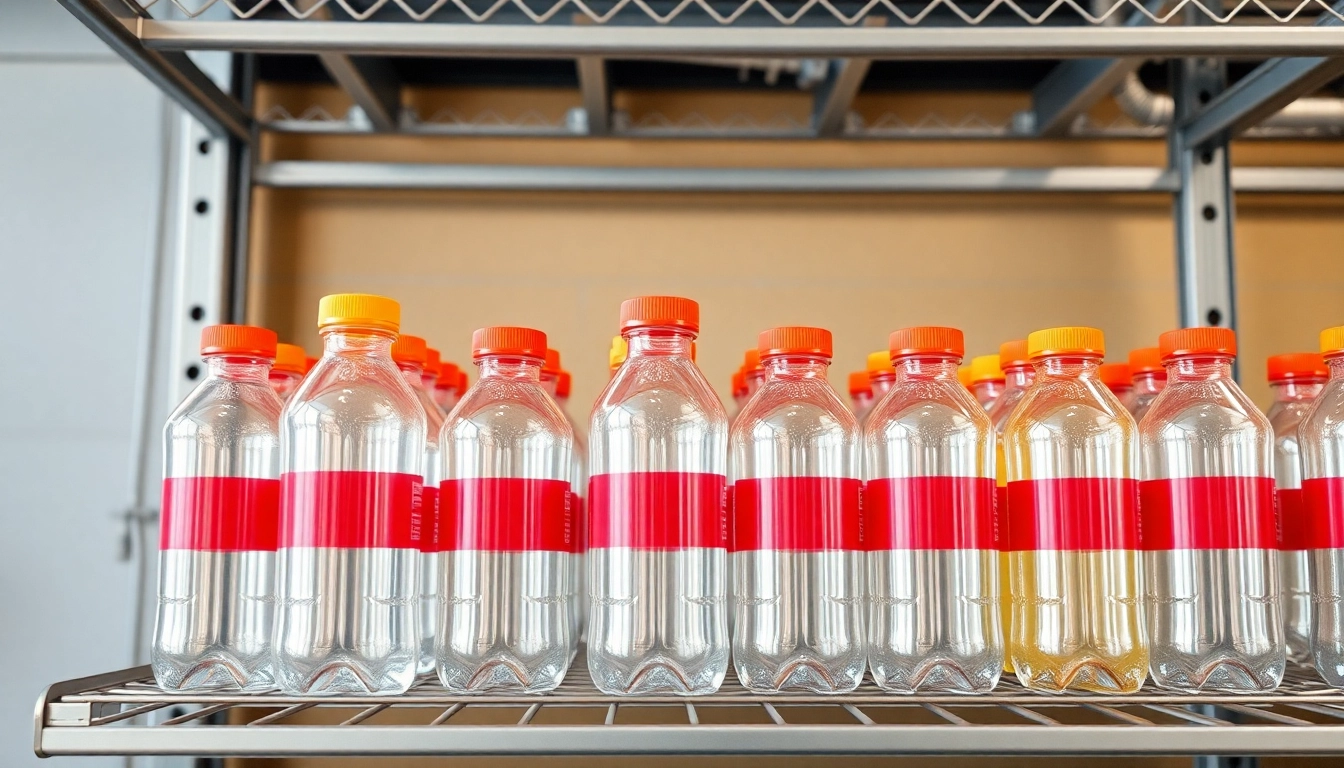 Polietilen sise bottles being filled for packaging in a manufacturing process, highlighting