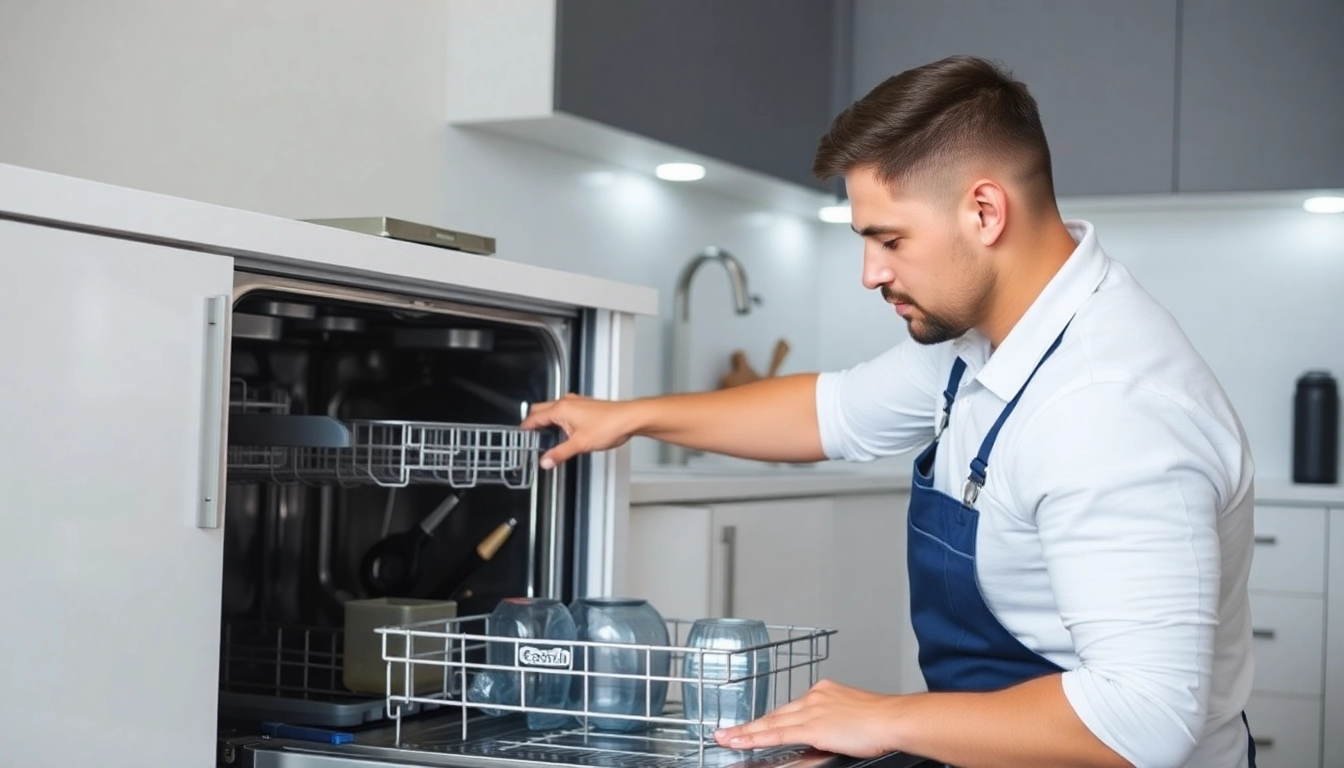 Expert dishwasher repair Toronto technician fixing a dishwasher in a bright kitchen to ensure