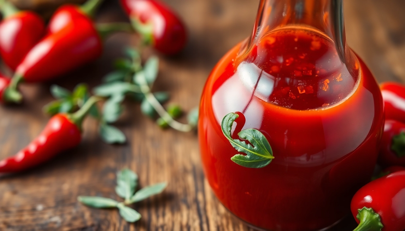 Sweet chilli sauce bottle with fresh chili peppers and herbs, showcasing vibrant colors and