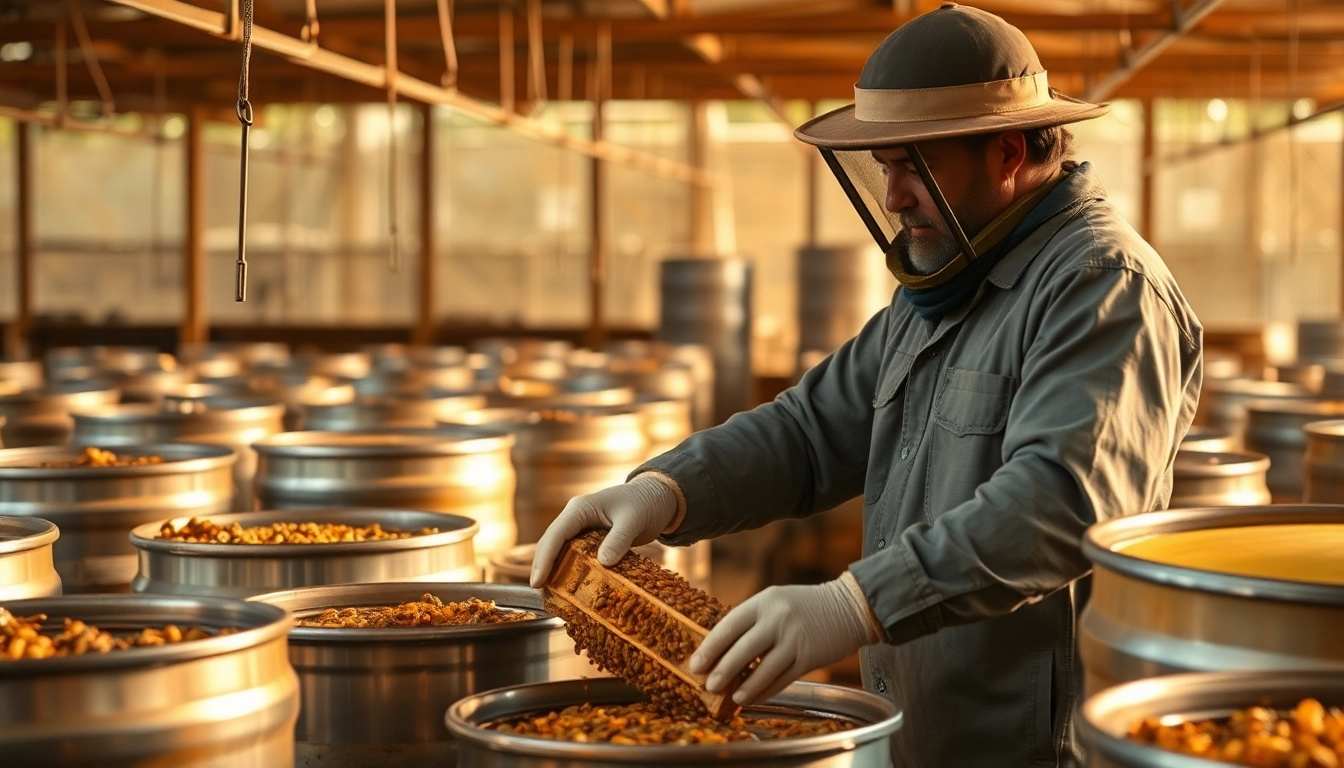 Tienda del apicultor-apidroches showcasing stainless support and honey barrels for professional